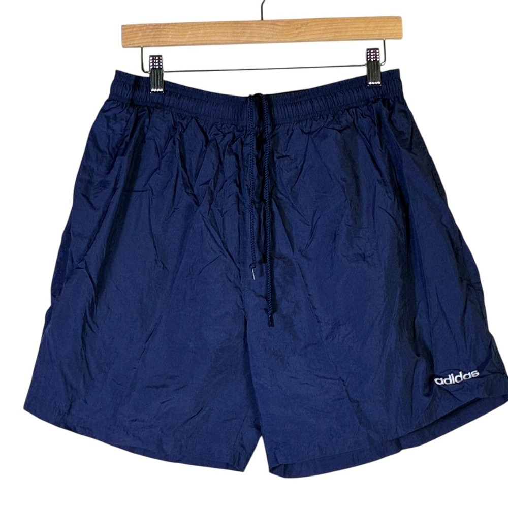 Adidas Navy Blue Nylon Athletic Shorts Mens XL Drawstring Logo